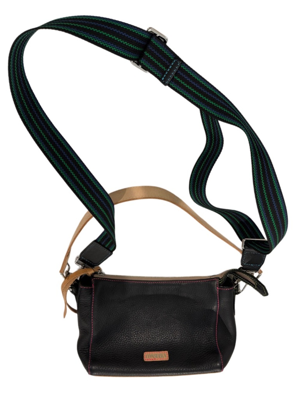Consuela Black Crossbody Bag with Striped Green & Blue Strap